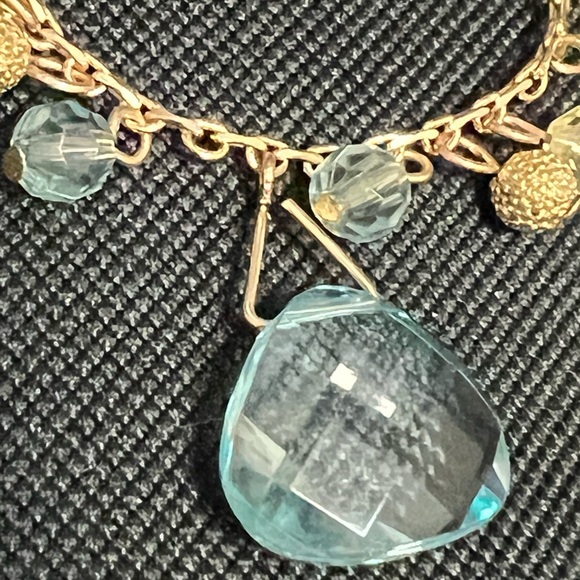Earrings and necklace matching set. Clear blue & lime gems with gold-tone metal. - Picture 7 of 7